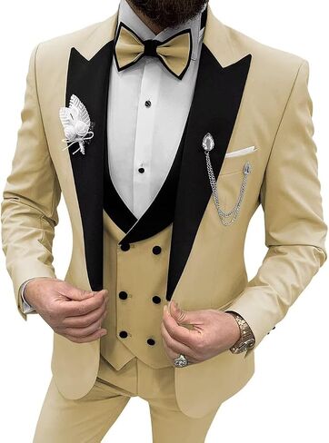 Mens Tuxedo Suit 3 Piece Slim Fit Suits Wedding Prom Party Dinner Formal Groomsmen Double Breasted Suit with Tie in Kuwait