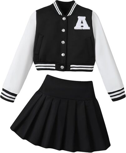 Preppy Clothes for Girls Baseball Jacket Skirt Set Button Front Patched Sweatshirt Pleated Skirts 2 Piece Outfits in Kuwait