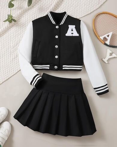 Preppy Clothes for Girls Baseball Jacket Skirt Set Button Front Patched Sweatshirt Pleated Skirts 2 Piece Outfits in Kuwait