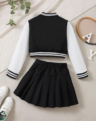 Preppy Clothes for Girls Baseball Jacket Skirt Set Button Front Patched Sweatshirt Pleated Skirts 2 Piece Outfits in Kuwait