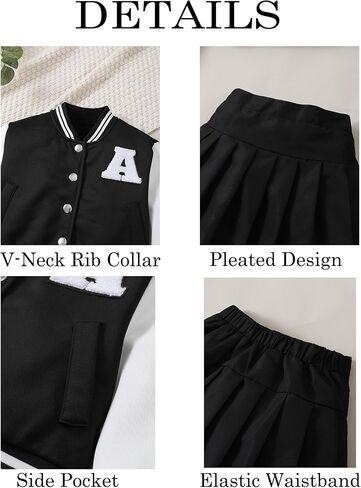 Preppy Clothes for Girls Baseball Jacket Skirt Set Button Front Patched Sweatshirt Pleated Skirts 2 Piece Outfits in Kuwait