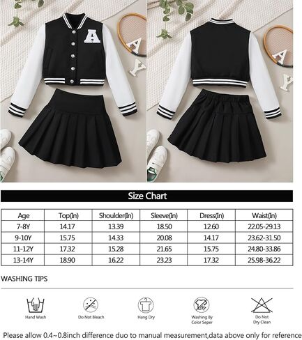 Preppy Clothes for Girls Baseball Jacket Skirt Set Button Front Patched Sweatshirt Pleated Skirts 2 Piece Outfits in Kuwait