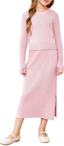 Haloumoning الفتيات مجموعة ملابس 2 قطعة ملابس الاطفال لطيف Crewneck كم طويل متماسكة البلوز سترة تنورة مجموعة 5-14 سنة in Saudi Arabia