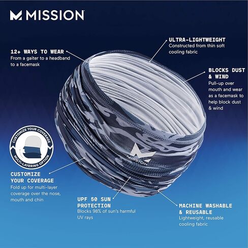 قناع تبريد للرقبة من MISSION، أكثر من 12 طريقة للارتداء، قناع للوجه بعامل حماية من الأشعة فوق البنفسجية 50، يبرد عندما يكون مبتلًا باللون الأزرق المموه in Kuwait