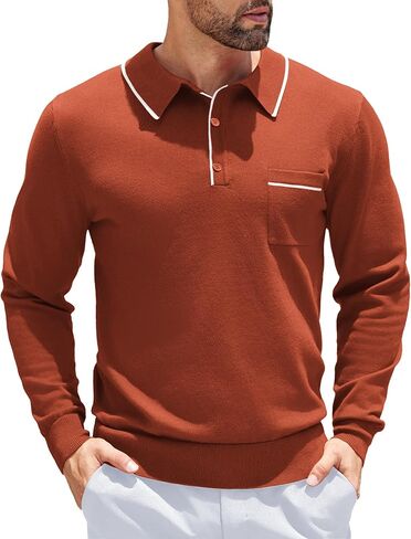 COOFANDY Knitted Long Sleeve for Men Button Collar Polo Sweaters Casual Business Dress Polo Fall Mens Sweater Polo Brown in Kuwait