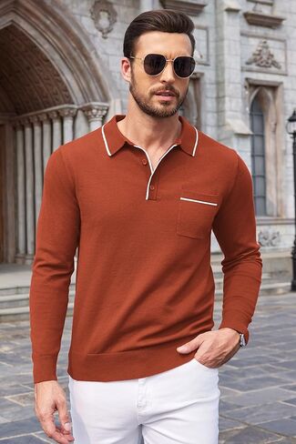 COOFANDY Knitted Long Sleeve for Men Button Collar Polo Sweaters Casual Business Dress Polo Fall Mens Sweater Polo Brown in Kuwait