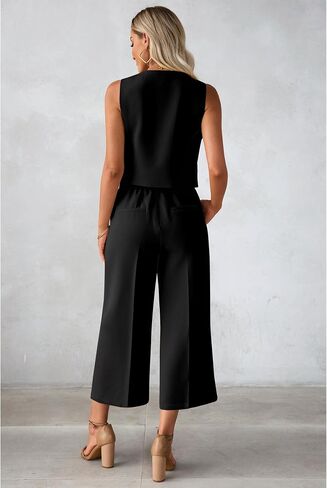 luvamia Pant Suits for Women Dressy Casual 2 Piece Sets Sleeveless Blazer Vest with Wide Leg Capri Pants Work Outfit in Saudi Arabia