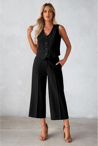 luvamia Pant Suits for Women Dressy Casual 2 Piece Sets Sleeveless Blazer Vest with Wide Leg Capri Pants Work Outfit in Saudi Arabia