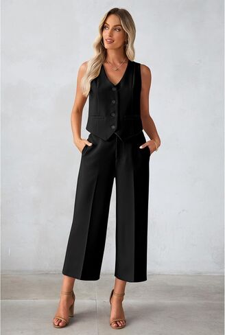luvamia Pant Suits for Women Dressy Casual 2 Piece Sets Sleeveless Blazer Vest with Wide Leg Capri Pants Work Outfit in Saudi Arabia