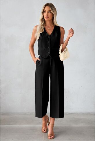 luvamia Pant Suits for Women Dressy Casual 2 Piece Sets Sleeveless Blazer Vest with Wide Leg Capri Pants Work Outfit in Saudi Arabia