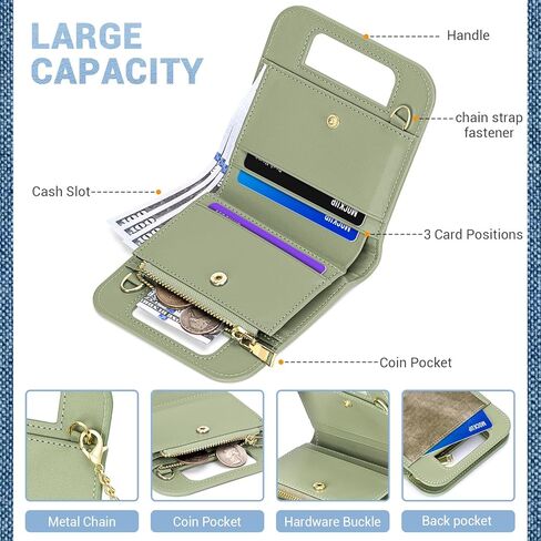 Denim Wallet for Women, Small RFID Blocking Bifold Wallets with Zipper Pocket, Handle and Shoulder Chain for Women and Girls (Green) in Kuwait
