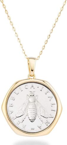 Miabella Italian 18K Gold over 925 Sterling Silver Genuine 2-Lira Bee Coin Medallion Pendant Necklace for Women 18 Inch Chain, Made in Italy in Saudi Arabia