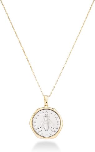 Miabella Italian 18K Gold over 925 Sterling Silver Genuine 2-Lira Bee Coin Medallion Pendant Necklace for Women 18 Inch Chain, Made in Italy in Saudi Arabia