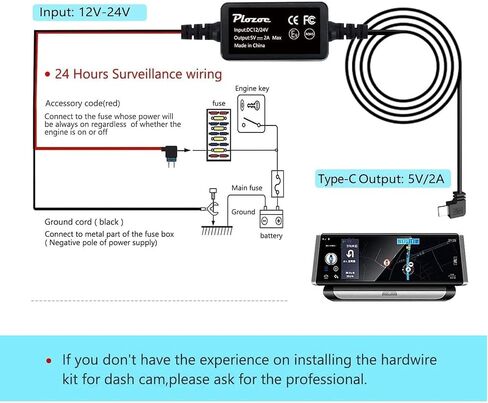 Dash Cam Hardwire Kit, Micro USB Hard Wire Kit for Dashcam, Plozoe 12V-24V to 5V Car Dash Camera Charger Power Cord, Gift 4 Fuse Tap Cable and Installation Tool（11.5ft） in Kuwait