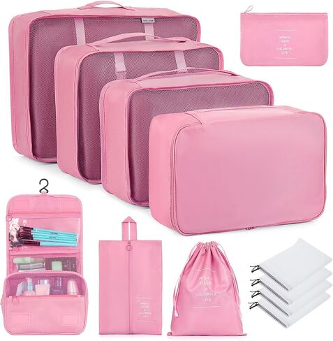 12 Set Packing Cubes for Suitcases, Various Sizes Packing Organizer Bags Set for Travel Accessories Luggage Carry On, BESBESME Travel Essentials for Clothes Shoes Cosmetics Toiletries, Pink in Saudi Arabia