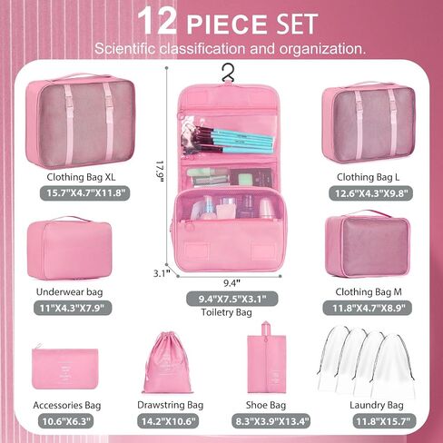 12 Set Packing Cubes for Suitcases, Various Sizes Packing Organizer Bags Set for Travel Accessories Luggage Carry On, BESBESME Travel Essentials for Clothes Shoes Cosmetics Toiletries, Pink in Saudi Arabia