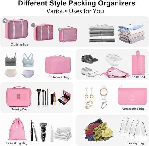 12 Set Packing Cubes for Suitcases, Various Sizes Packing Organizer Bags Set for Travel Accessories Luggage Carry On, BESBESME Travel Essentials for Clothes Shoes Cosmetics Toiletries, Pink in Saudi Arabia