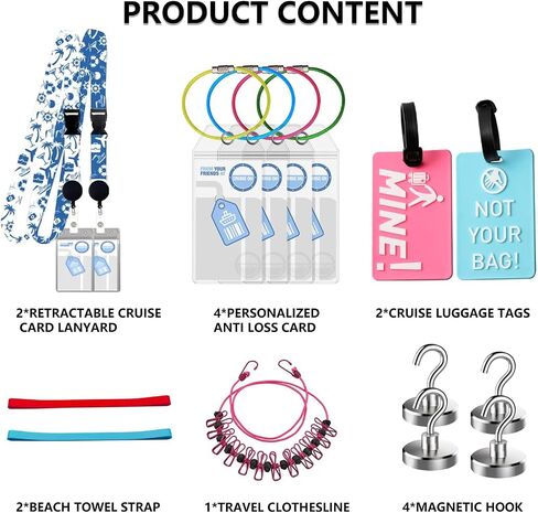 Cruise Luggage Tag Essentials,Cruise Luggage Tags | Retractable Cruise Card Lanyard | Beach Towel Strap | Travel Clothesline|Magnetic Hook Cruise Essentials Kit Compatible with All Cruise Lines-15PCS in Saudi Arabia