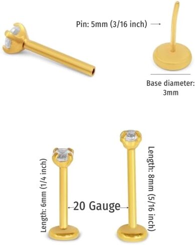 A PAIR 20Gauge 8mm or 6mm (post length) with Prong CZ THREADLESS (Back Push in),Surgical Steel (Nickel Free),Cartilage, Monroe, and nose ring in Saudi Arabia