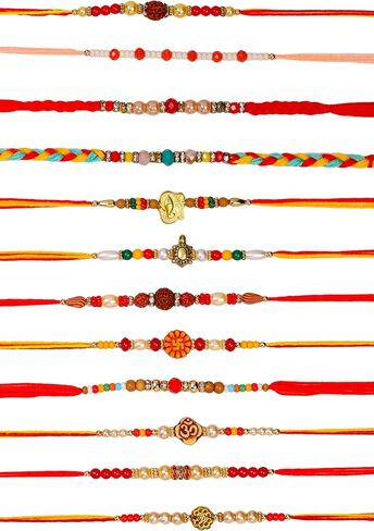 Raksha Bandhan Set of 12 Rakhi for Brother Bhai with Raksha Bandhan Greeting Card & Roli Chawal Tika | Turtle Pearl Rakhi for Brother & Bhabhi | Designer Om Bro Rakhi for Small Brother Bhaiya | Rakhi Thread MHNJ008 in Saudi Arabia