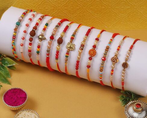 Raksha Bandhan Set of 12 Rakhi for Brother Bhai with Raksha Bandhan Greeting Card & Roli Chawal Tika | Turtle Pearl Rakhi for Brother & Bhabhi | Designer Om Bro Rakhi for Small Brother Bhaiya | Rakhi Thread MHNJ008 in Saudi Arabia