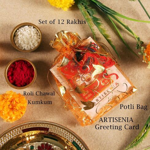 Raksha Bandhan Set of 12 Rakhi for Brother Bhai with Raksha Bandhan Greeting Card & Roli Chawal Tika | Turtle Pearl Rakhi for Brother & Bhabhi | Designer Om Bro Rakhi for Small Brother Bhaiya | Rakhi Thread MHNJ008 in Saudi Arabia
