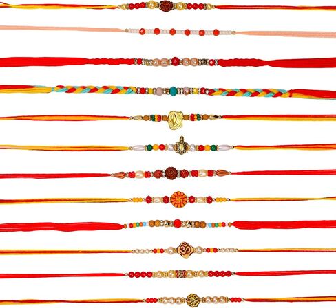 Raksha Bandhan Set of 12 Rakhi for Brother Bhai with Raksha Bandhan Greeting Card & Roli Chawal Tika | Turtle Pearl Rakhi for Brother & Bhabhi | Designer Om Bro Rakhi for Small Brother Bhaiya | Rakhi Thread MHNJ008 in Saudi Arabia