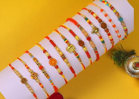 Raksha Bandhan Set of 12 Rakhi for Brother Bhai with Raksha Bandhan Greeting Card & Roli Chawal Tika | Turtle Pearl Rakhi for Brother & Bhabhi | Designer Om Bro Rakhi for Small Brother Bhaiya | Rakhi Thread MHNJ008 in Saudi Arabia