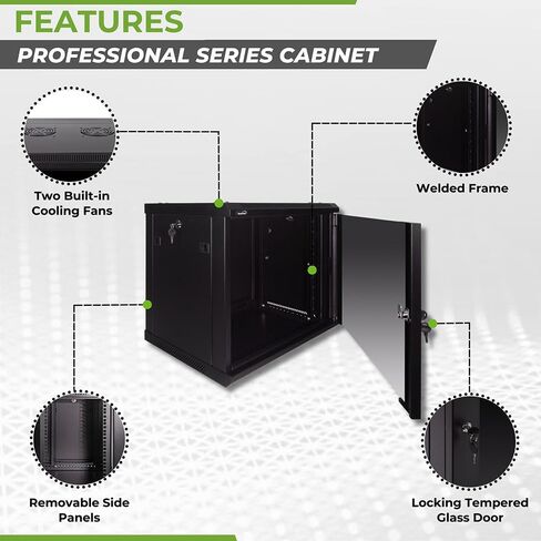 NavePoint 6U Server Rack Enclosure - 17.7" Deep, 6U Wall Mount Network Cabinet with Locking Glass Door for 19" IT Equipment, 6U Network Rack with 2 Fans, Removable Side Panels, Black in Kuwait