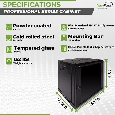 NavePoint 6U Server Rack Enclosure - 17.7" Deep, 6U Wall Mount Network Cabinet with Locking Glass Door for 19" IT Equipment, 6U Network Rack with 2 Fans, Removable Side Panels, Black in Kuwait