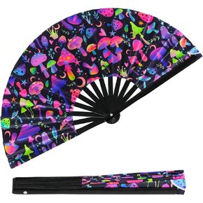 الهذيان مروحة قابلة للطي الأشعة فوق البنفسجية توهج مروحة الهذيان الفطر للطي مروحة اليد الخيزران للطي Clack مروحة اليد للمهرجانات الموسيقية، كرنفال، حفلة ديسكو، حفلة النيون وعروض رقص الملكة السحب in Kuwait