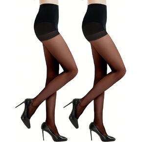 2 Pairs Women's Black Tights - 20D Silky Control Top Pantyhose for Reinforced Toes - Smooth & Durable