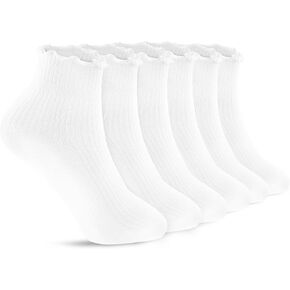 6 Pairs Ruffle Socks for Women Girls,Casual Cute Ankle Socks Breathable Knit Cotton Warm Soft Frilly Crew Socks