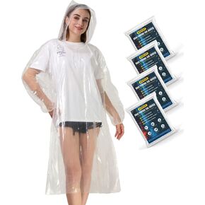 Disposable Rain Ponchos for Family Adults 4 Pack (Clear) - Emergency Adult Rain Poncho with Drawstring Hood