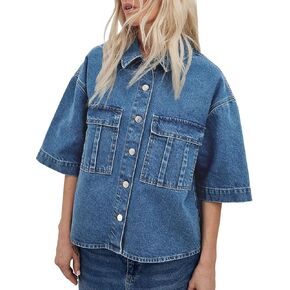 Imily Bela Womens Button Down Denim Jackets Summer Casual Loose Fit Short Sleeve Jean Coats with Pockets