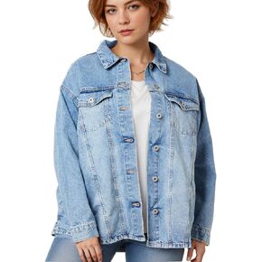 VANGULL Women's Oversized Denim Jacket Plus Size Vintage Long Sleeves Button Down with Pockets