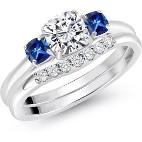 Gem Stone King 10K White Gold Lab Grown Diamond and Blue Created Sapphire 3-Stone Bridal Engagement Wedding Ring Set For Women | 0.84 Cttw | 5MM and 3MM Cushion Cut | Size 5,6,7,8,9