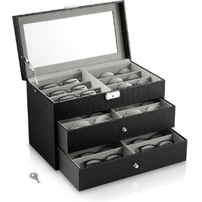 MoKo Sunglasses Organizer with 18 Slots, 3-layer Leather Sunglass Display Collection Holder Case with Drawer Clear Glass Lid, Lockable Eyeglass Glass Jewelry Watch Storage Box for Women Men, Black