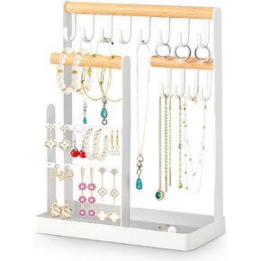 JNTKE Jewelry Organizer Stand Necklace Holder, 4-Tier Tower Rack with 18 Earring Holes and Tray and 12 Hooks Hanging Storage Tree Display for Earrings Watches Bracelet Rings (White)