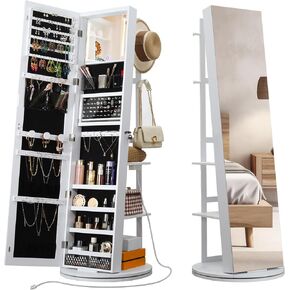 IRONCK 360° Swivel Mirrored Jewelry Cabinet with Full-Length Mirror, Charging Station, Lockable Standing Jewelry Organizer with Rear Storage Shelves, Interior Mirror, LED Lights, White