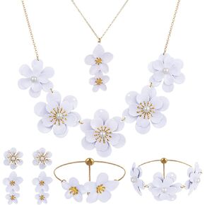 Tondiamo 6 Pcs Hot Pink Boho Flower Necklace Earrings Bracelet Set 2 Choker Necklace 2 Pairs Floral Earrings 2 Enamel Pink Flower Adjustable Gifts Jewelry Set for Women Girls