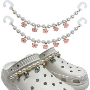 Pearl Shoe Chains, Cute Flower Shoes Charms, Blue Shell Pearl Shoes Charms Chain, Exquisite Cute Shoe Accessories for Girls and Women DIY Shoes.
