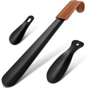 Long Shoe Horn 16.5" - 3 Pack Stainless Steel Shoehorn Small 6.3“ - Shoe Horns Long Handle for Seniors Kids Women Men Travel (Black)