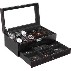 Jenseits Watch Box Organizer, 6 Slot Watch Case & Sunglasses Organizer with Glass Lid, Lockable Jewelry Organizer Holder Box PU Leather Watch Holder Stand Storage with Drawer, Gift for Men Women