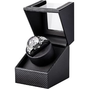 UnaMela Watch Winder for Automatic Watches: Automatic Single Watch Winder Box, Rotating Watch Case in Black Carbon Fiber Leather, Watch Rotator with Japanese Quiet Motor, Battery Powered or AC Adapter