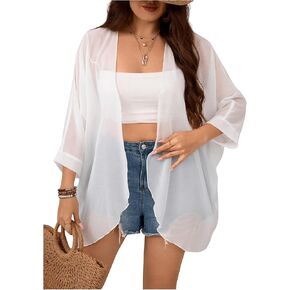 SOLY HUX Women's Plus Size Open Front Lightweight Cardigan 3/4 Sleeve Sheer Swimsuits Cover Ups