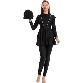 IBAKOM Muslim Swimsuit for Women Burkini Long Pleated Skirt with Swim Cap Modest Bathing Suit Islamic Surfing Rash Guard Set