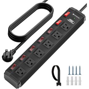 CRST 6 Outlet Heavy Duty Metal Power Strip with Individual Switches, 15A/1875W Mountable Garage Workshop Power Strip Surge Protector Circuit Breaker(1200 J), 6FT Extension Cord