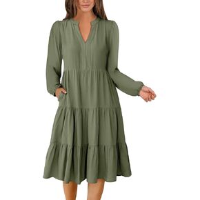 ANRABESS Womens V Neck Long Sleeve Midi Dress 2024 Fall Fashion Casual Fit Flowy Swing Tiered Boho Beach Vacation Dresses