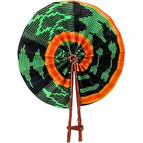 African Fabric Folding Fan, Ankara Design with Leather Accents, for Church, Wedding, Sports Events (Style-A02), Large
